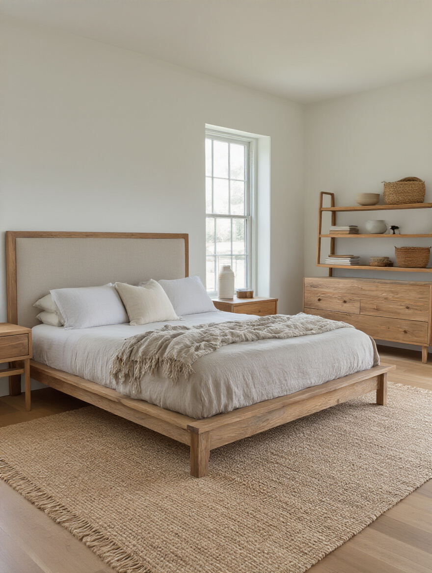 Modern bedroom featuring reclaimed wood, natural textiles, and bamboo flooring