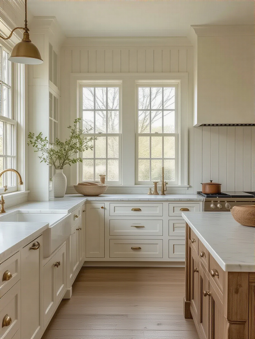 Portrait shot of white Shaker cabinets with beadboard detailing in a bright farmhouse kitchen