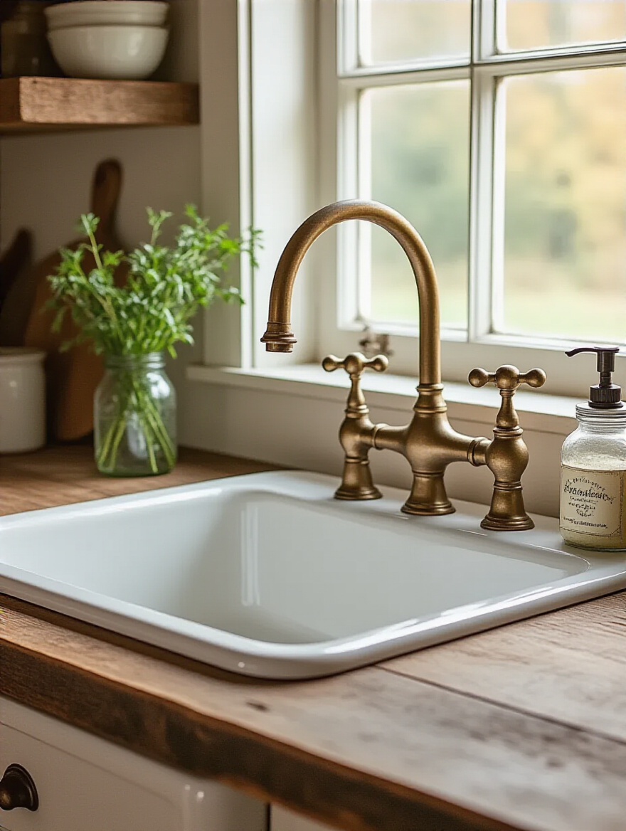 Unlacquered brass bridge-style vintage faucet over a white ceramic farmhouse sink in a rustic cottage kitchen.