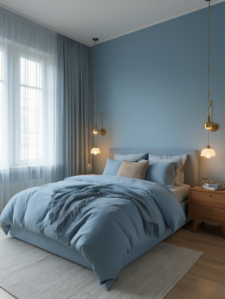Portrait of a tranquil blue bedroom with layered warm lighting and brass fixtures
