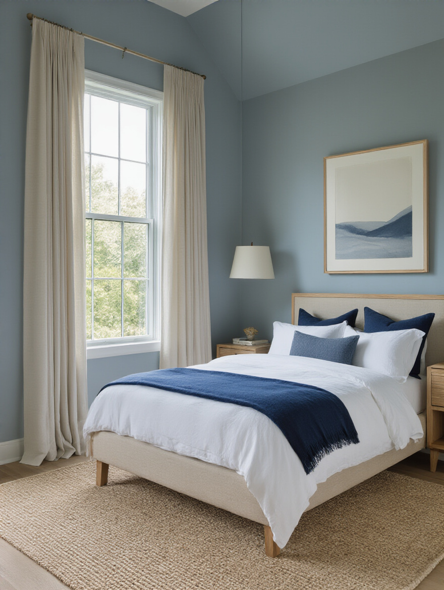 Portrait view of a serene blue bedroom with a grounding neutral base.
