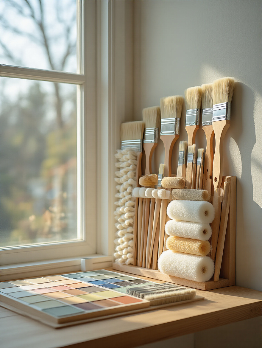 Portrait of brushes and rollers arranged for a bedroom painting setup