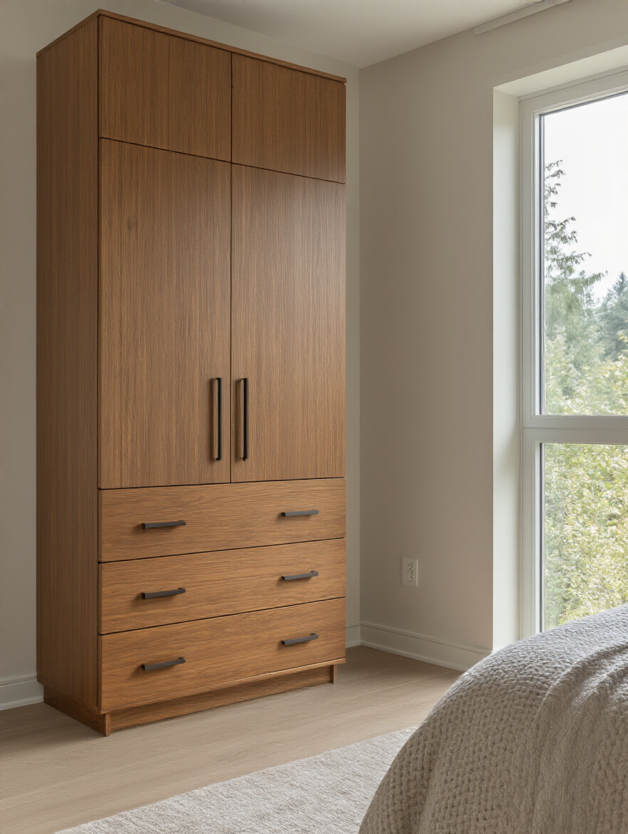 Portrait view of a modern dresser and tall wardrobe in a sunlit bedroom
