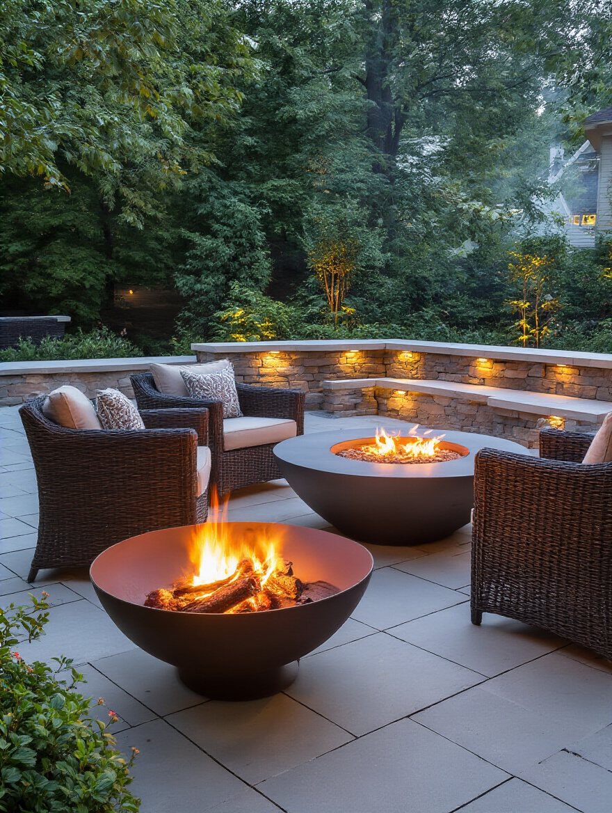 Three types of firepits in an outdoor living space: a portable metal fire bowl, a gas fire table, and a built-in stone firepit, illuminated at dusk.