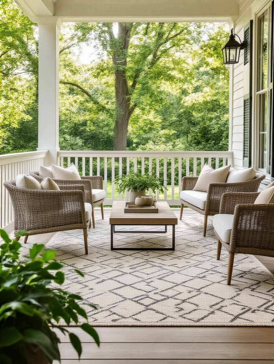 A beautifully arranged porch lounging area with stylish outdoor armchairs, a coffee table, and a large, geometric outdoor rug perfectly defining the space, under soft morning light.
