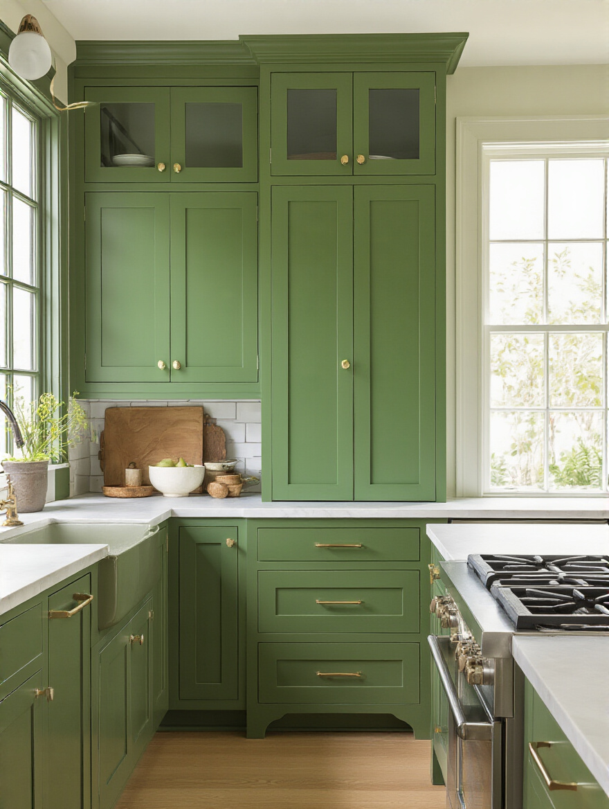 Portrait of green kitchen cabinet door styles: Shaker, Flat Panel, and Inset