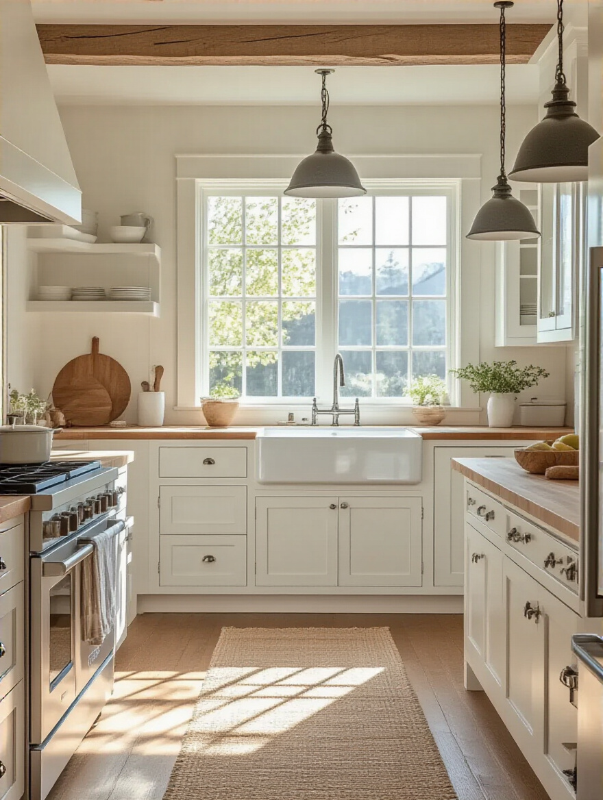 A brightly lit farmhouse kitchen with a perfectly oriented wooden island, showcasing wide and clear pathways between main appliances and surrounding spaces, designed for optimal traffic flow and ease of movement.