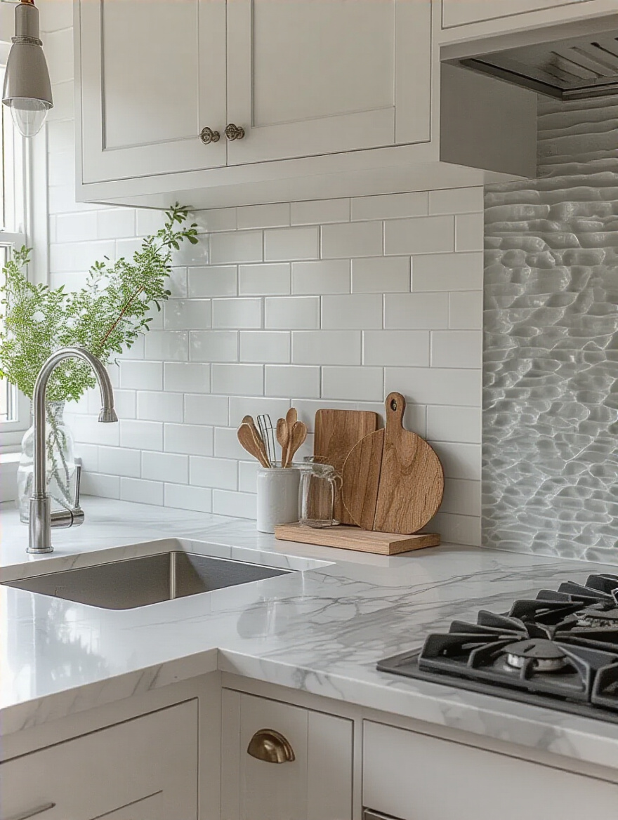 A modern kitchen backsplash featuring three distinct sections: white subway tile, a seamless grey marble slab, and a textured clear glass panel, showcasing various material choices for design inspiration.
