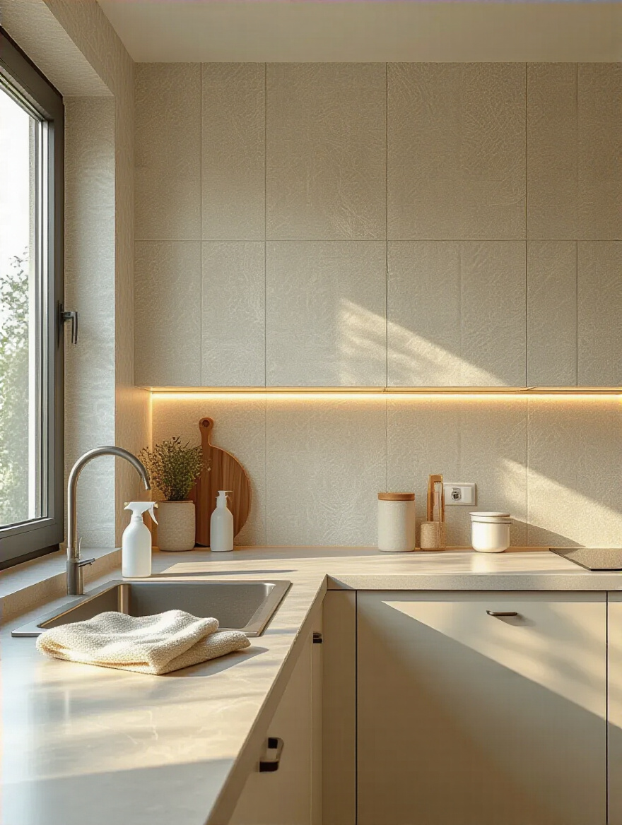 Portrait view of a clean kitchen wallpaper scene with a damp microfiber cloth ready for routine wipe-down.