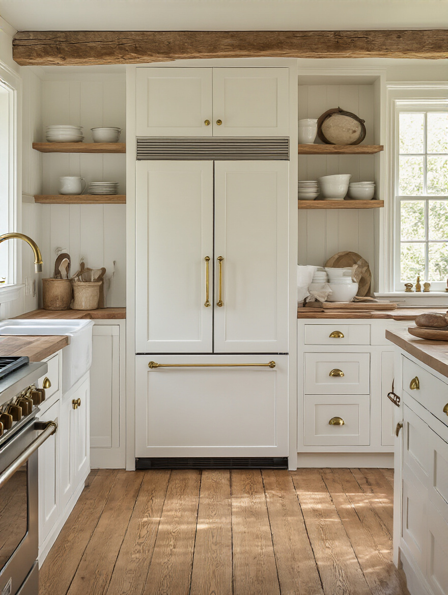 A charming cottage kitchen with a fully integrated refrigerator concealed behind custom white shaker cabinet panels, blending seamlessly with the traditional cabinetry and maintaining an uncluttered, cohesive look.