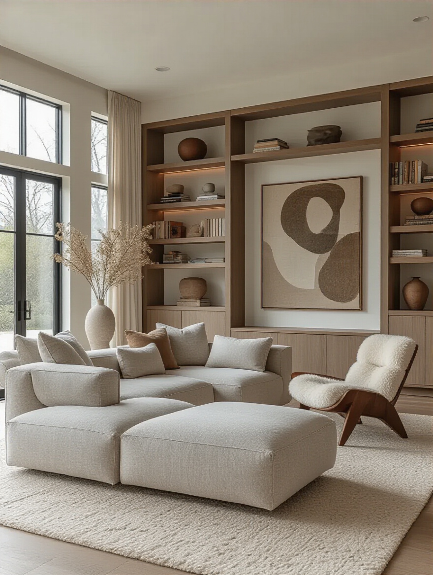 Modern living room with asymmetrical layout, featuring a large sectional, accent chairs, bookshelf, and abstract art under warm natural light.