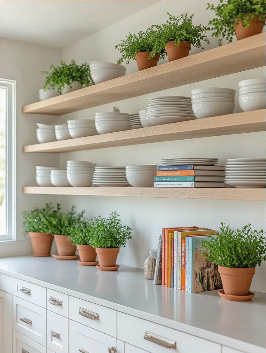 Modern farmhouse kitchen with light-colored open shelving displaying organized white dishes, green plants, and cookbooks, demonstrating budget-friendly storage and visual appeal.