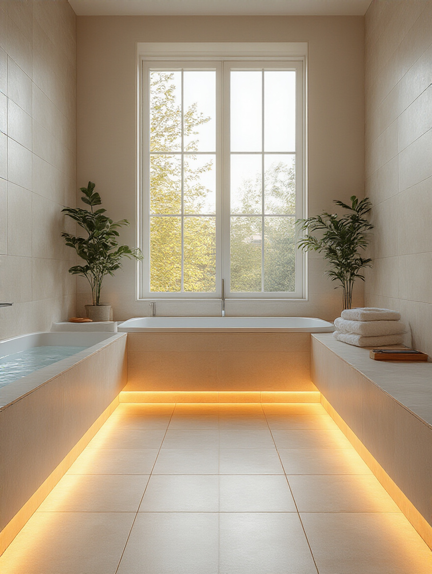 Luxurious modern bathroom interior with light ceramic tile floor subtly glowing from radiant heating, suggesting warmth and comfort.