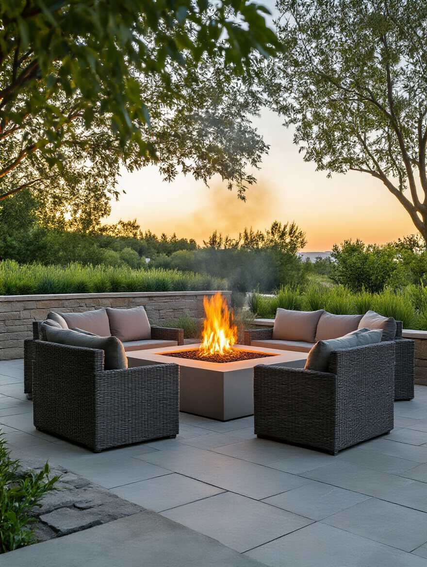 Outdoor firepit area designed for comfort, with a low wall and dense shrubs acting as windbreaks. The firepit emits minimal smoke, ensuring clear air for seating.