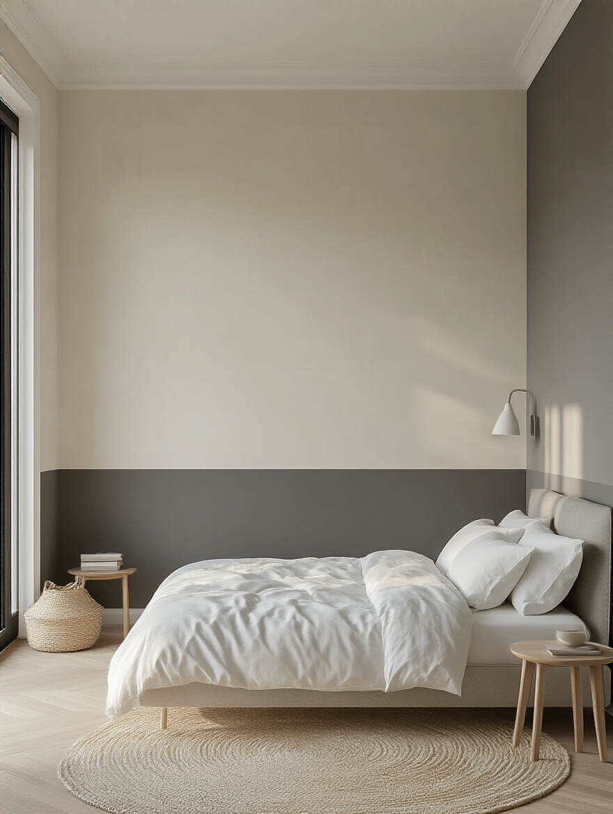 Portrait of a bedroom featuring a two-tone wall with a crisp horizontal divide.