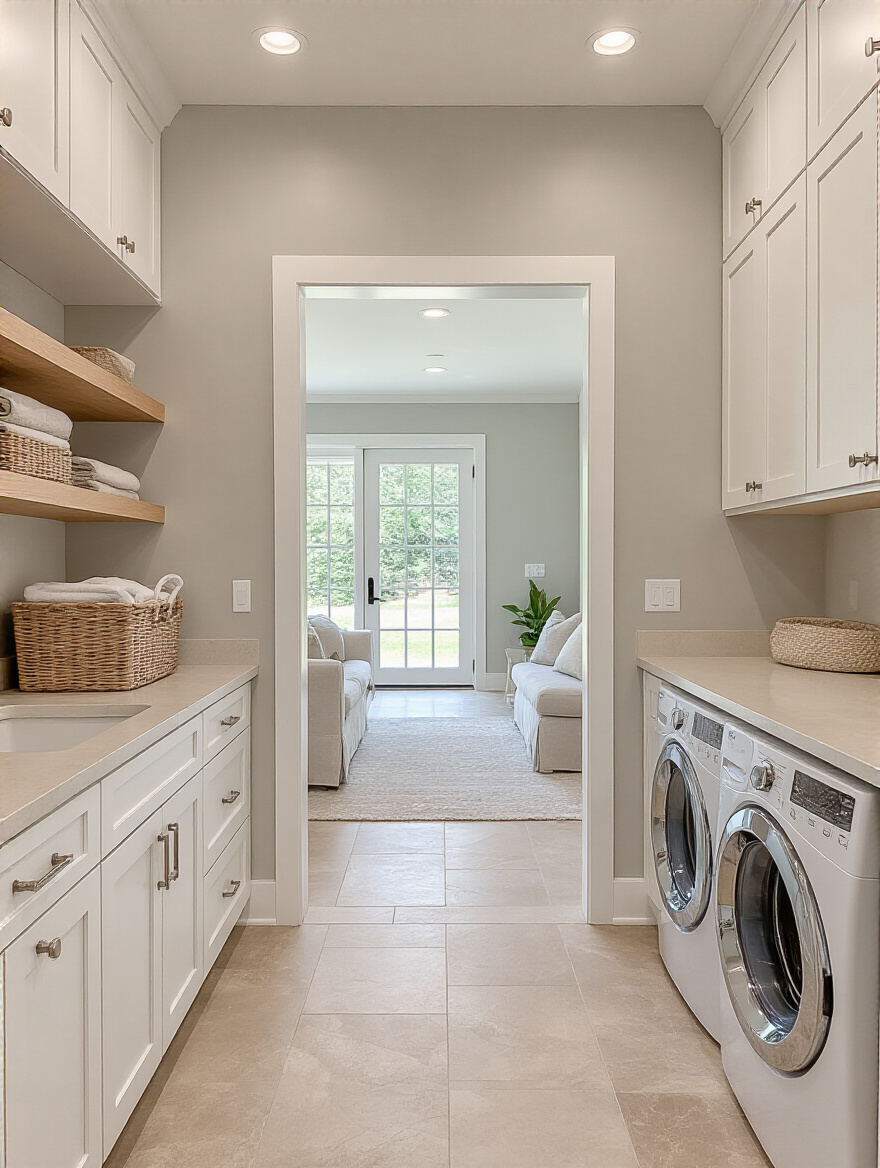 Portrait of a laundry room with cohesive color flow into adjoining spaces