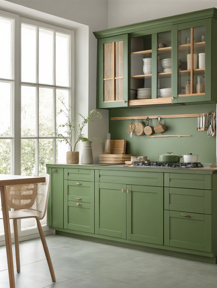 Vertical portrait of green kitchen cabinets highlighting sustainable materials and eco-friendly finishes