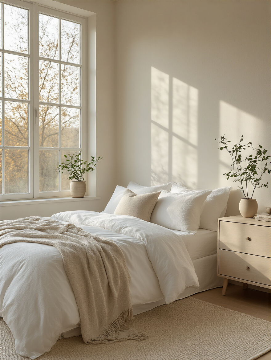 Zen clutter-free bedroom with minimalist decor and soft natural light