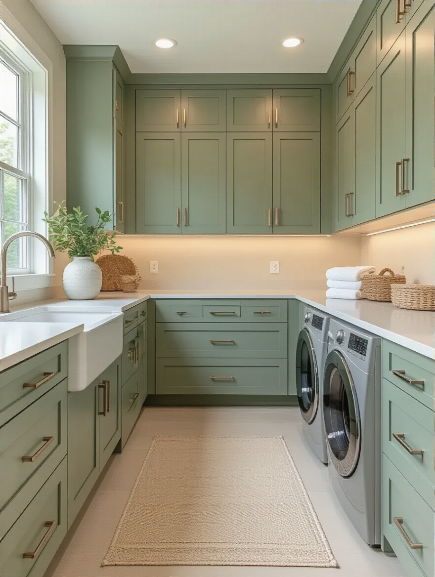Portrait of a laundry room with cohesive sage-green cabinetry and matching walls