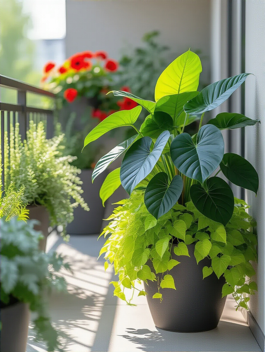 Balcony garden showcasing strong color and texture contrasts between plants, including glossy large-leaved Elephant Ear, bright chartreuse fine-textured Sweet Potato Vine, crimson Geraniums, and silver Dichondra.