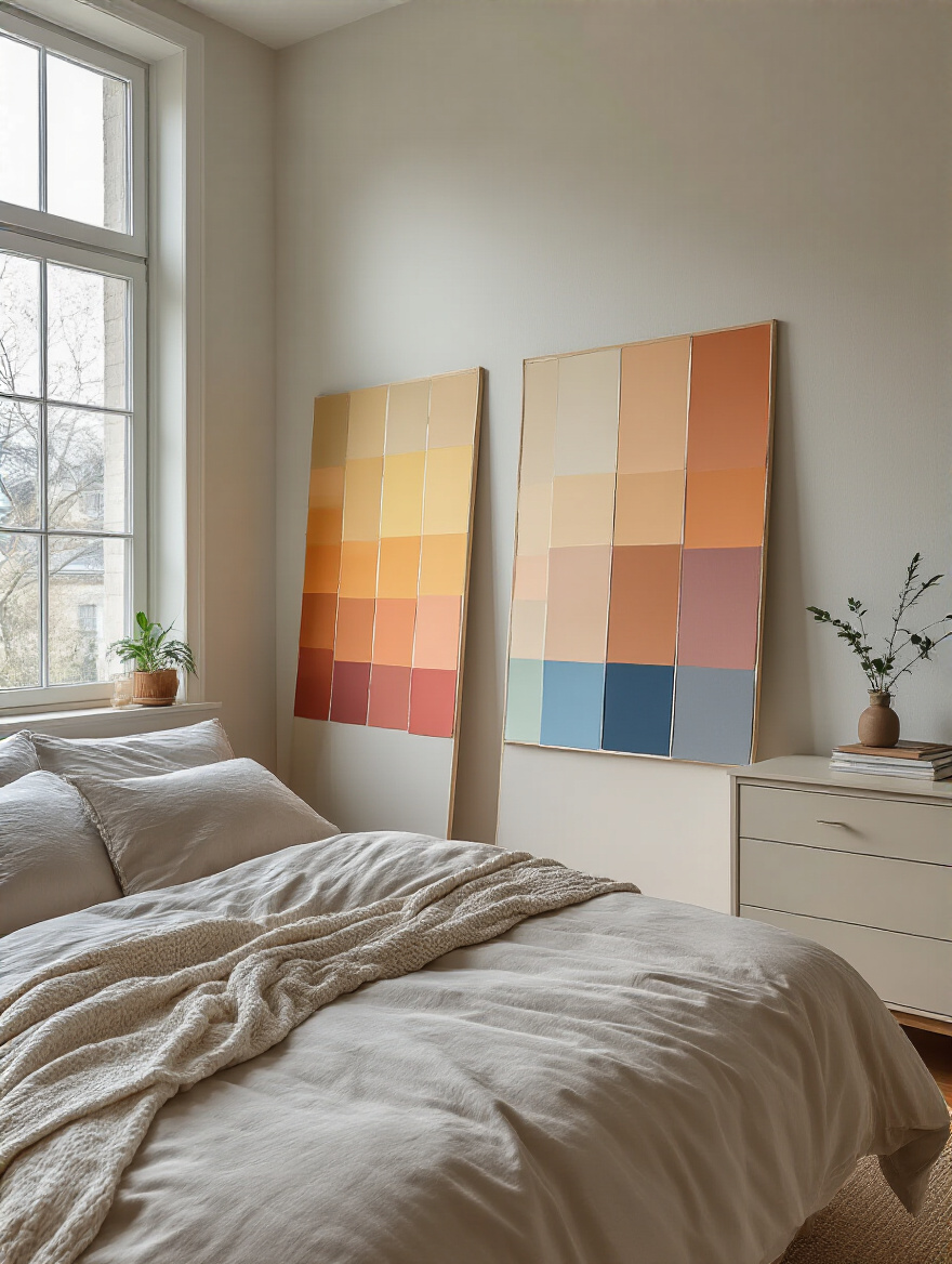 Large swatch samples in a bright bedroom for accurate color under varying light