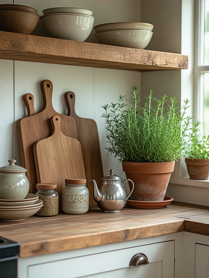 Charming cottage kitchen vignette on open shelving, featuring vintage cutting boards, ceramic jars, an antique teapot, and a potted rosemary plant under soft natural light.