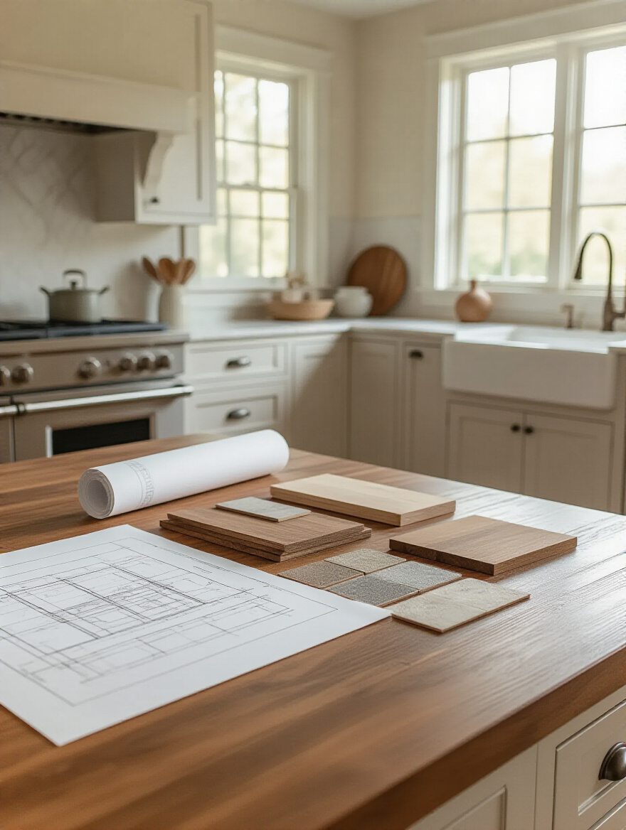 Portrait view of farmhouse kitchen remodel planning scene with timeline and materials