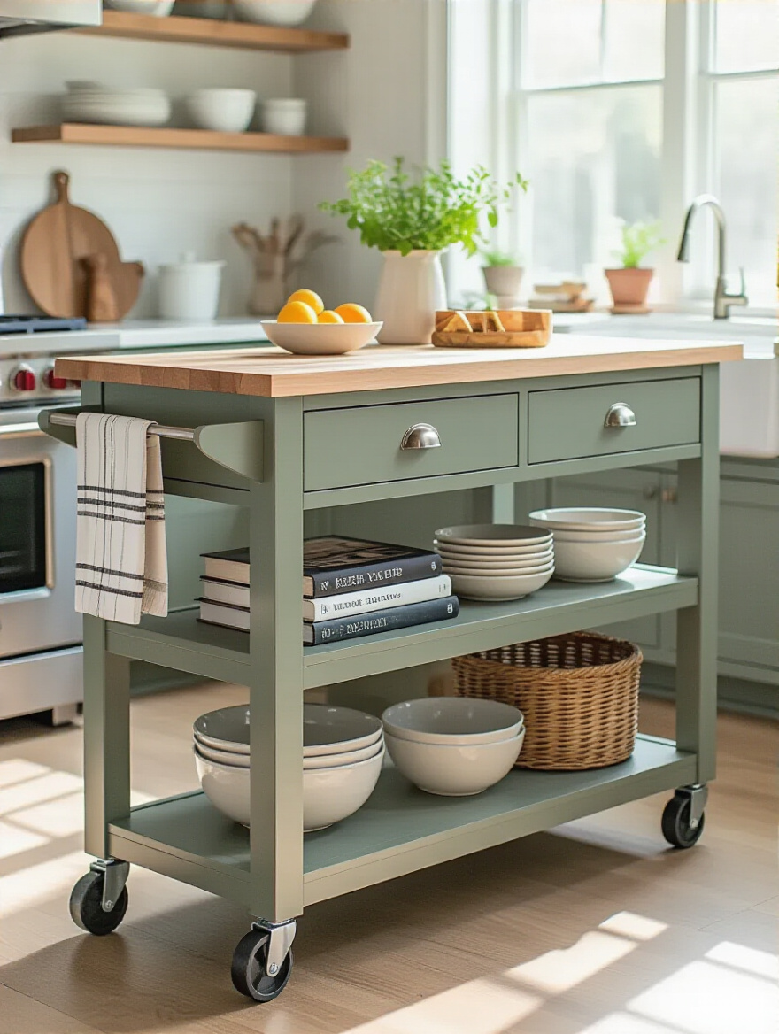 A budget-friendly DIY kitchen island with a butcher block top, open shelving, and lockable casters, significantly increasing counter space and storage in a modern kitchen.