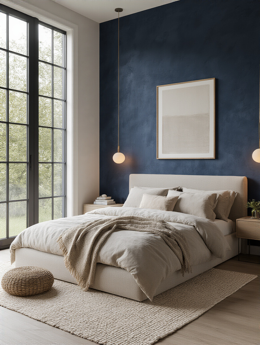 Bedroom with deep blue textured accent wall behind a neutral bed