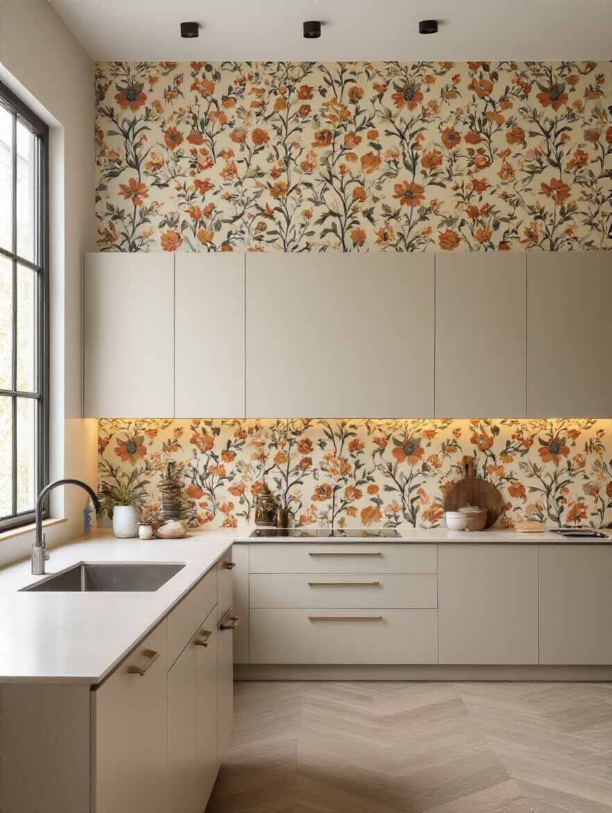 Portrait of a modern kitchen backsplash with bold wallpaper design