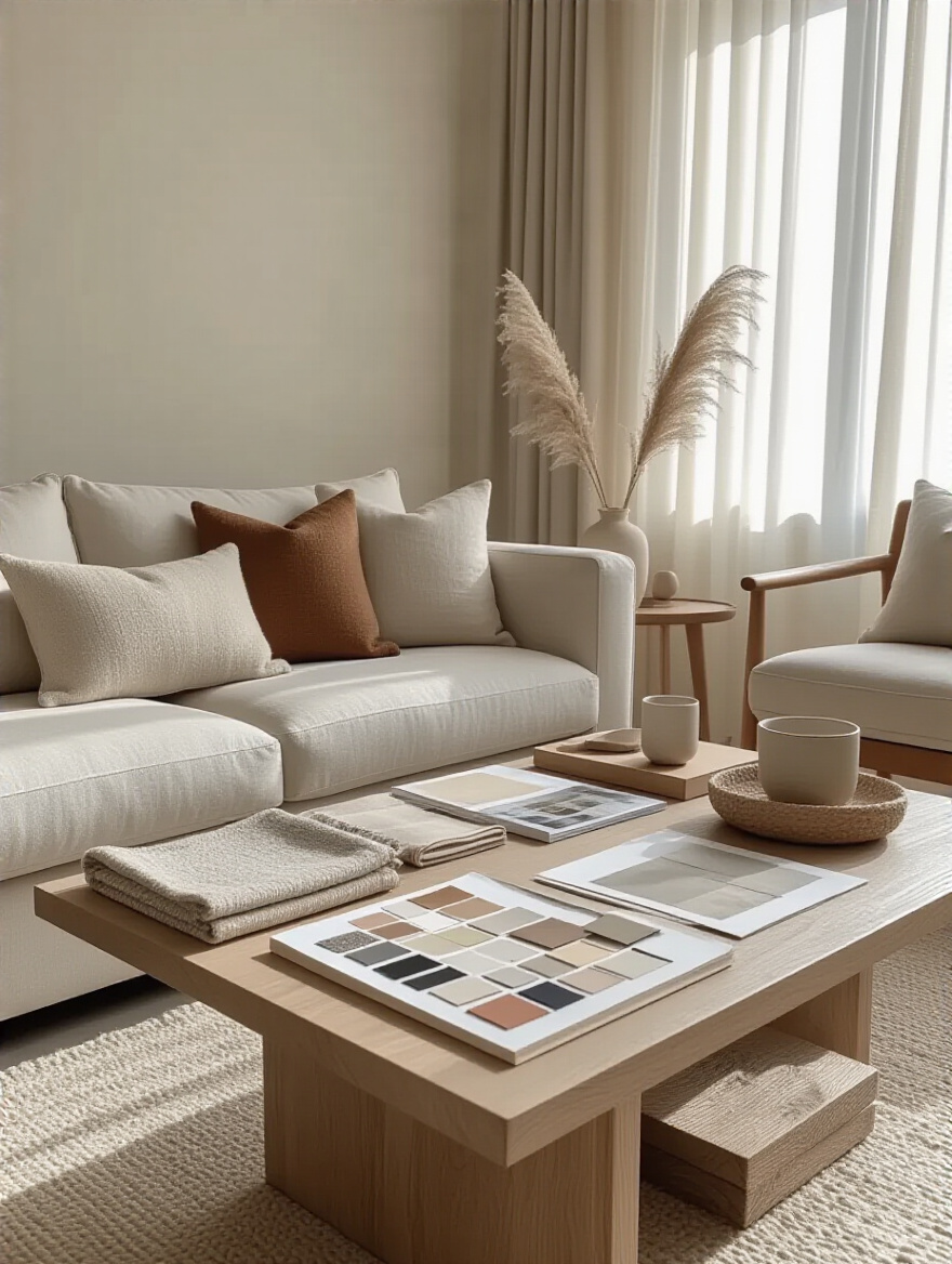 Portrait view of a stylish living room mood board on a table with fabric swatches and color chips