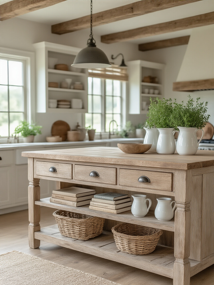 Farmhouse kitchen island with open reclaimed wood shelving, styled with vintage cookbooks, potted herbs, and white ironstone pitchers under natural light.