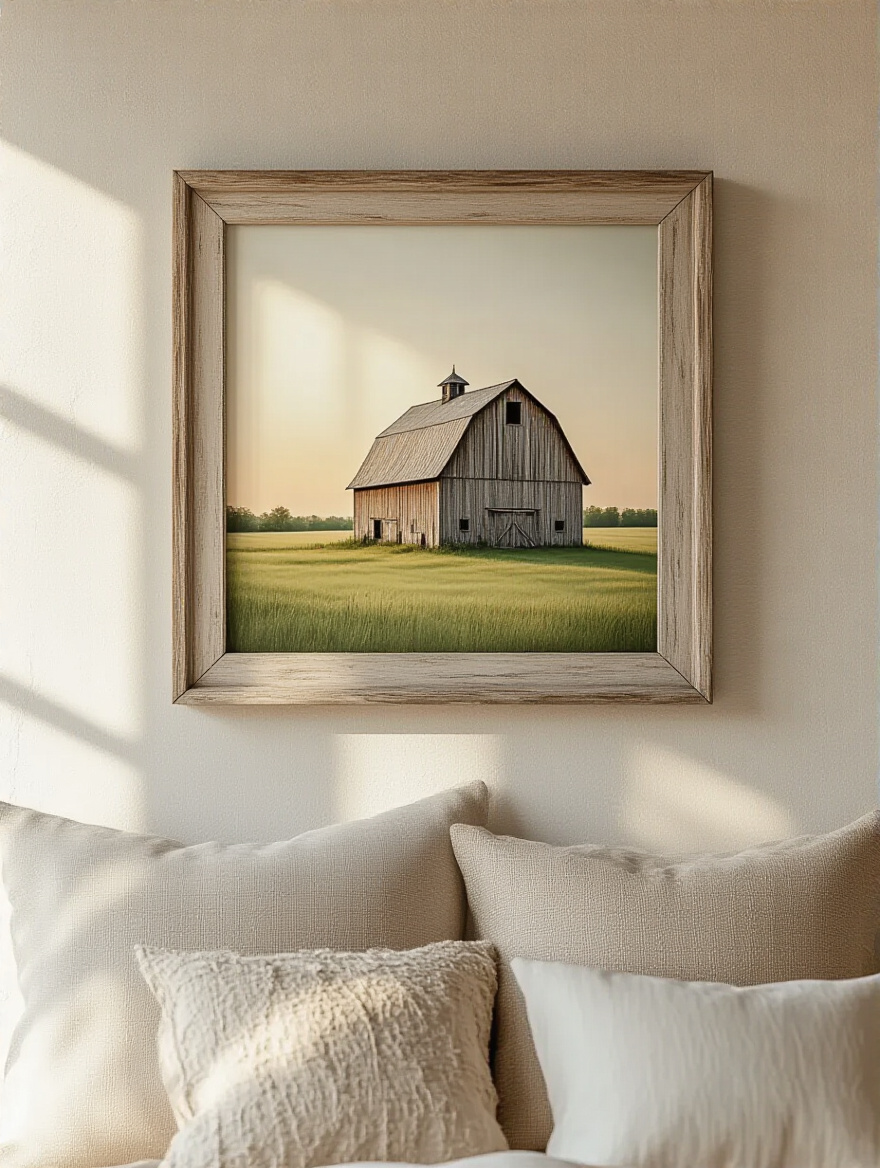 A rustic bedroom wall featuring a single portrait-oriented framed watercolor print of a vintage barn, adding farmhouse character to the space.