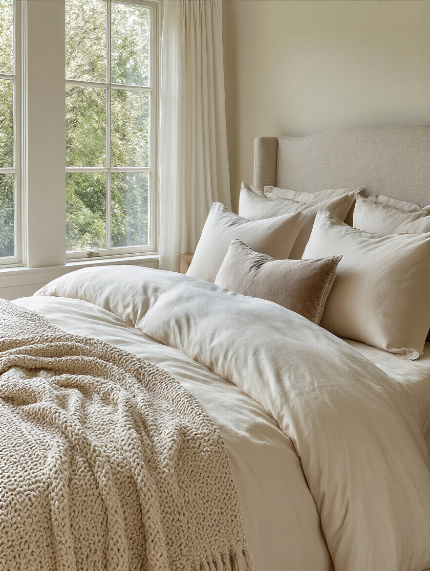 Luxurious bedding textures and layered textiles in a serene bedroom