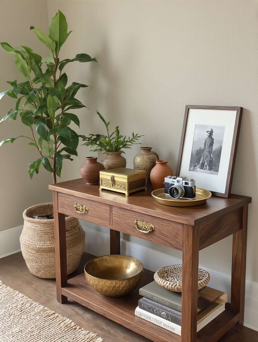 Portrait of a living room vignette with meaningful accessories reflecting personality