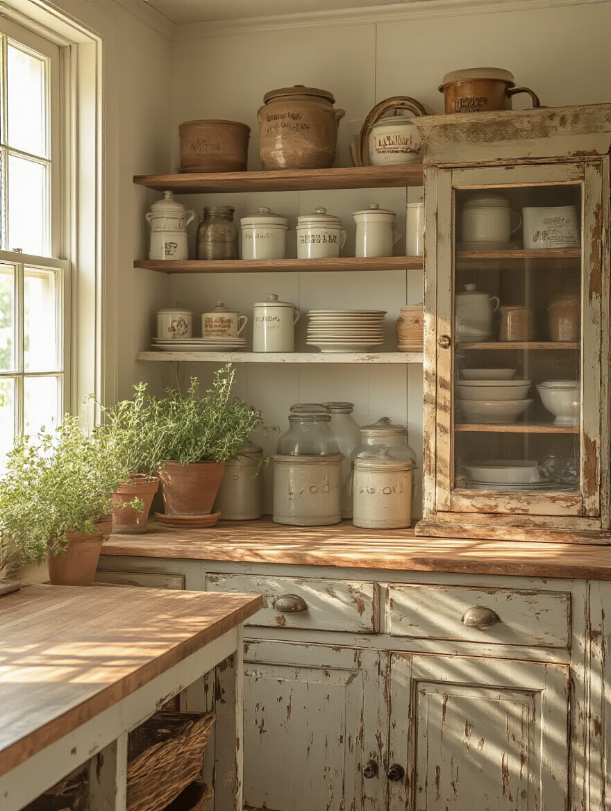 Portrait of a farmhouse kitchen with vintage Hoosier cabinet and open shelves