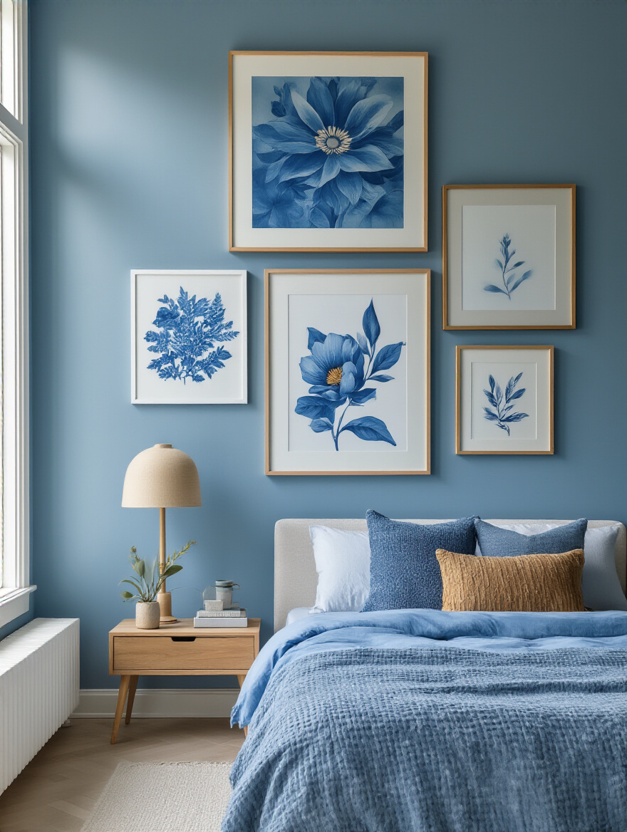 Vertical bedroom with blue art gallery above bed