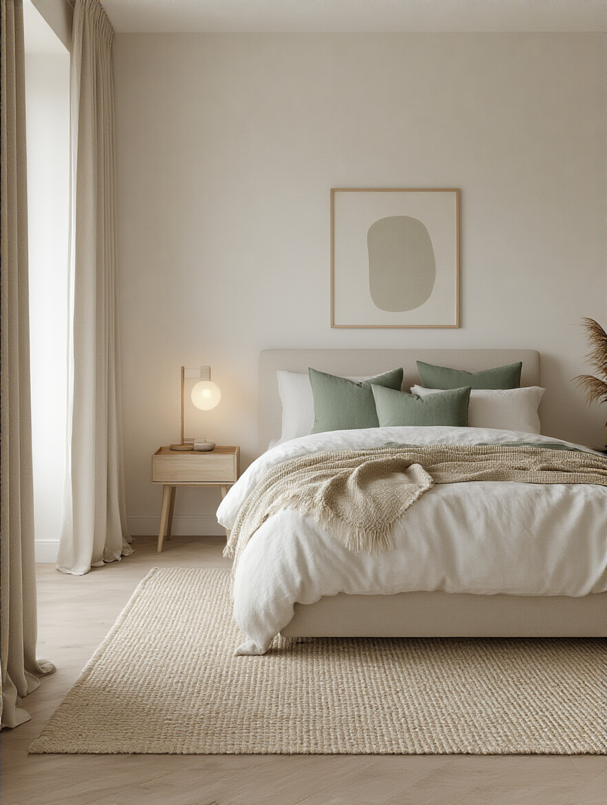 Neutral bedroom with layered textures and calm accent colors