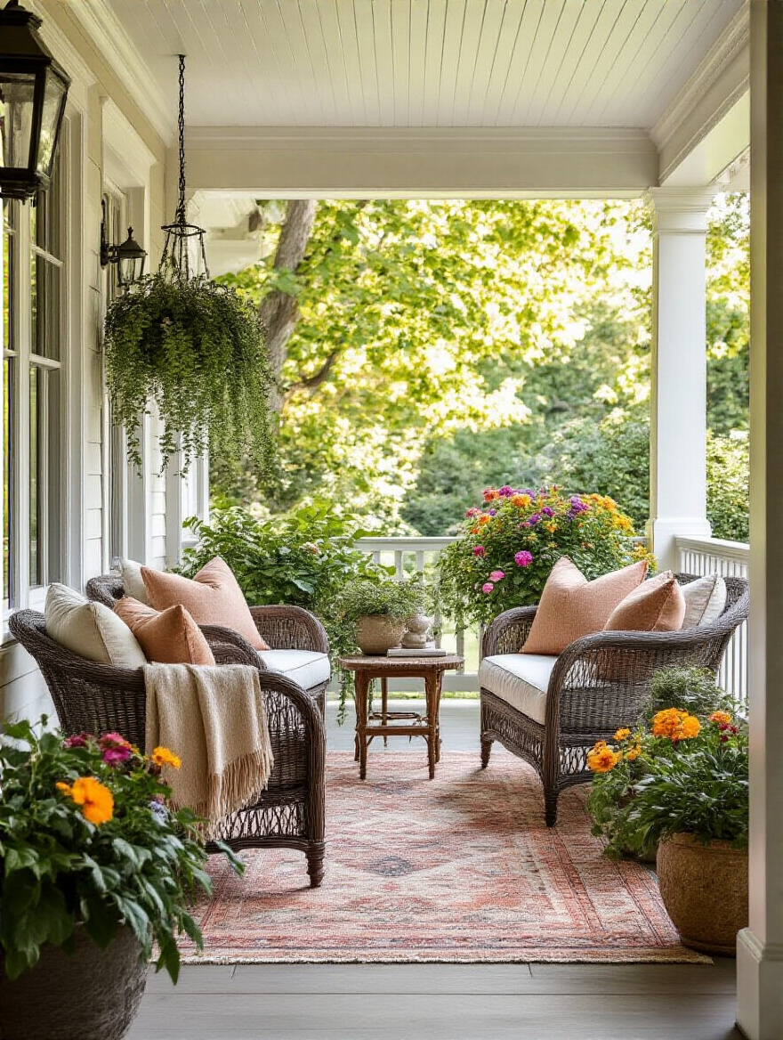 Beautifully styled porch with outdoor furniture and decor in a harmonious, cohesive color palette, showcasing inviting visual appeal.