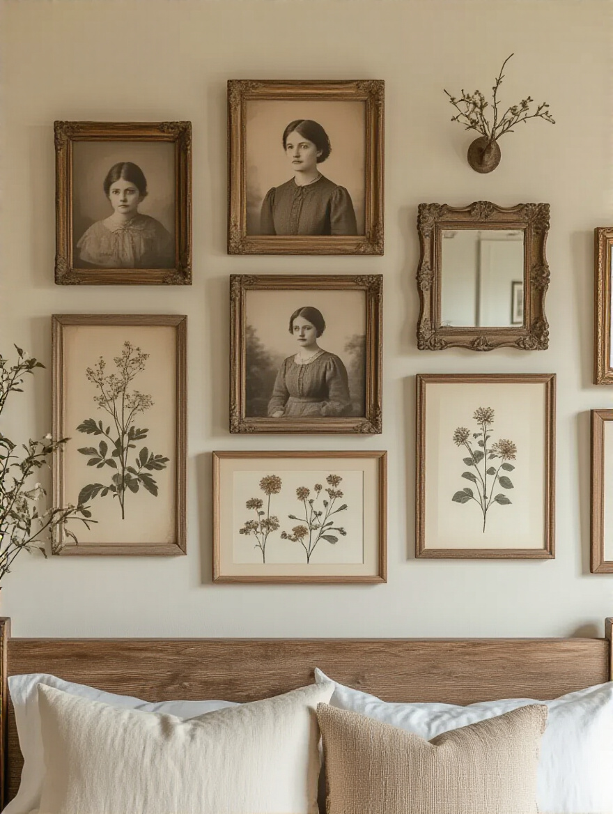 Farmhouse bedroom gallery wall with vintage photos, botanical prints, and antique mirrors, creating a cozy and personalized aesthetic.