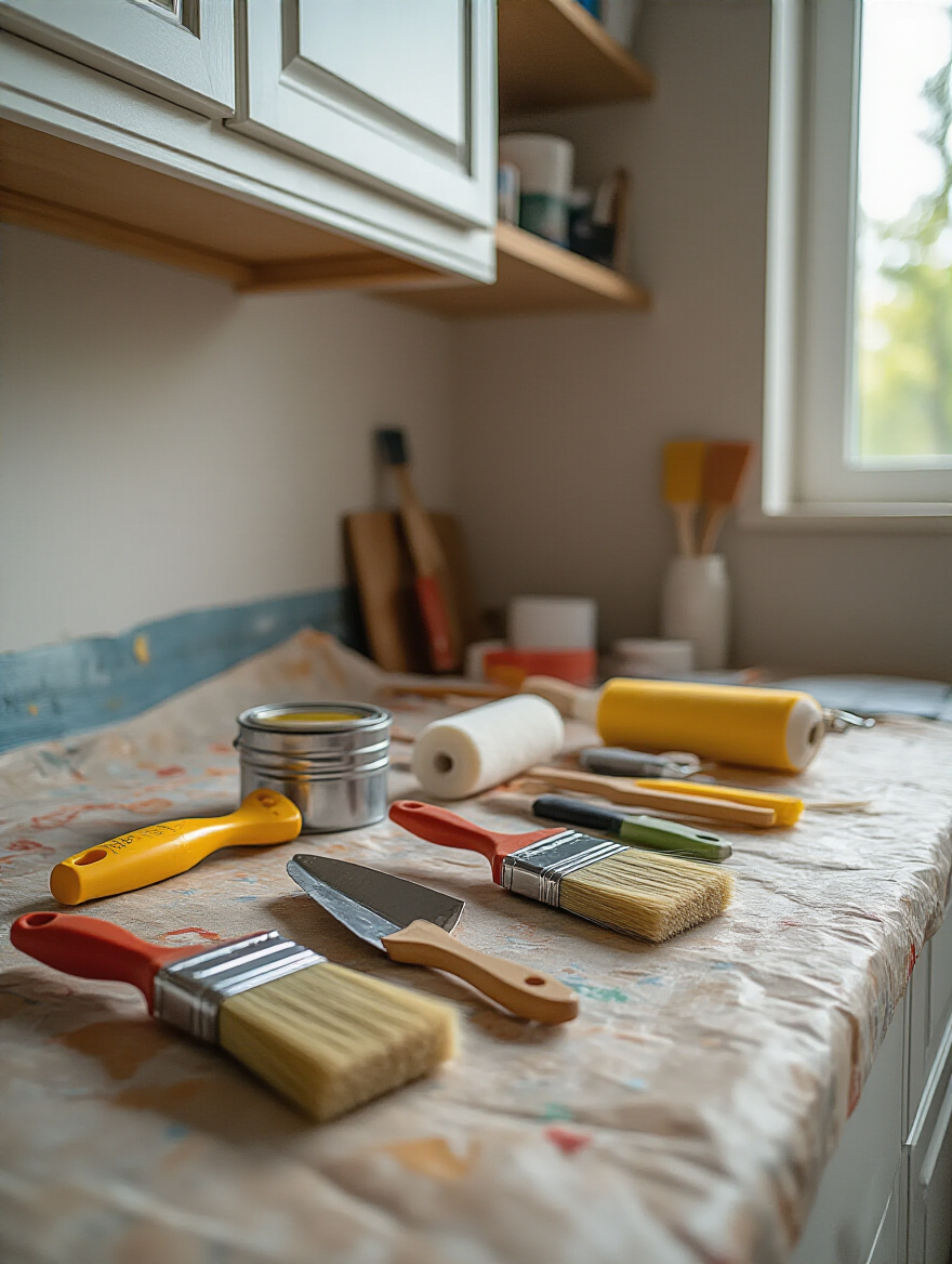 Clean kitchen counter with DIY tools for painting and minor repairs, ready for a budget-friendly renovation project.