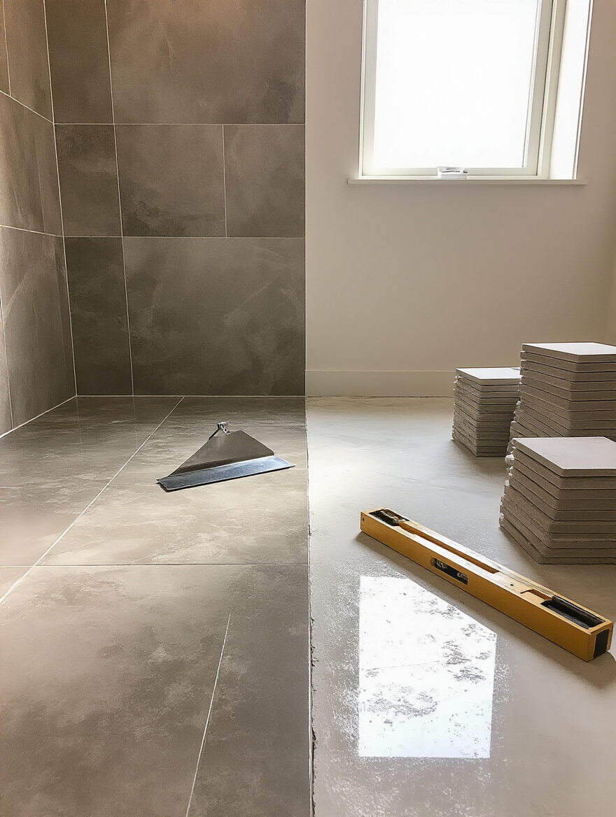 Divided bathroom floor illustrating the choice between a perfectly installed side (professional) and a side with organized tools and stacked tiles (DIY project in progress), for bathroom flooring installation.