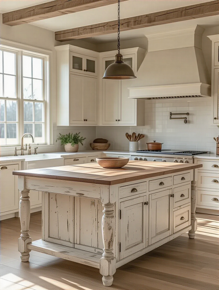 A spacious farmhouse kitchen featuring a perfectly scaled wooden island with ample clearance, blending seamlessly with the kitchen's layout and providing a harmonious feel.