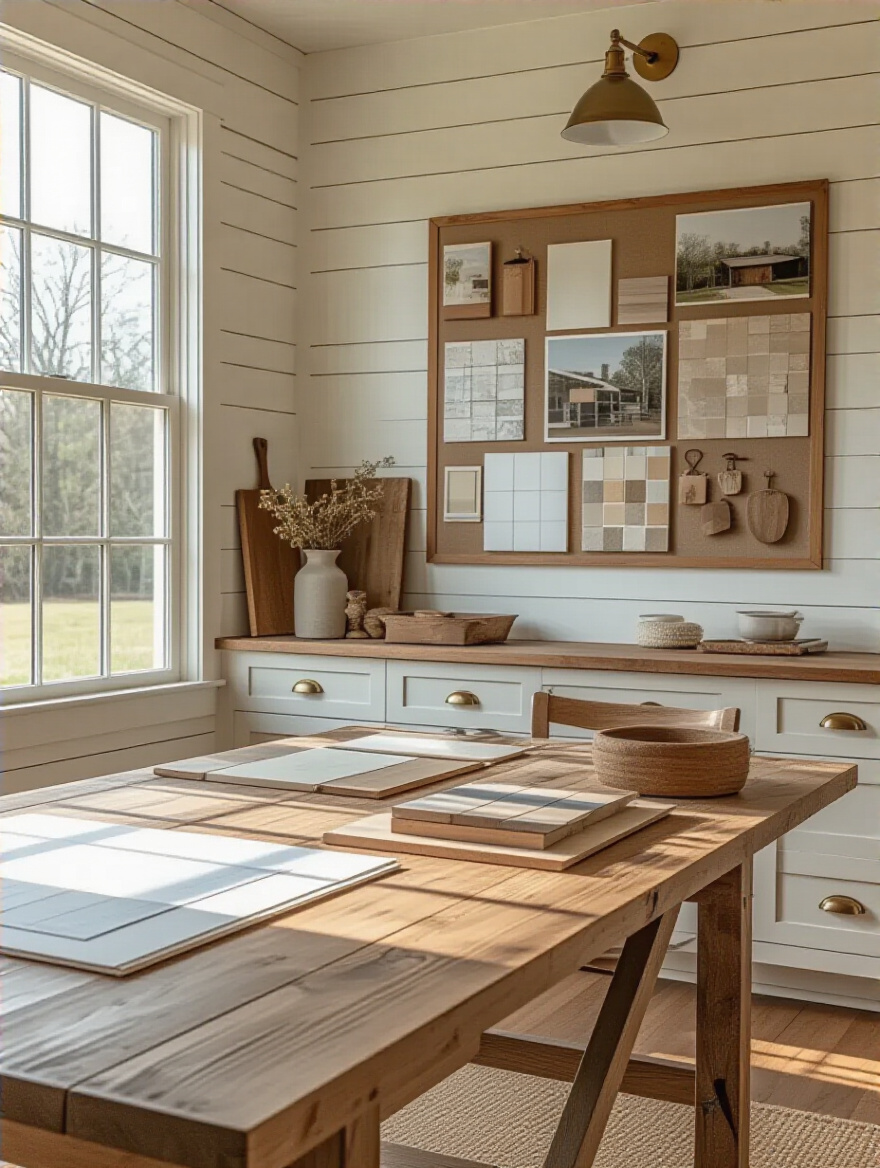 Portrait planning workspace with mood boards and material samples for a farmhouse kitchen