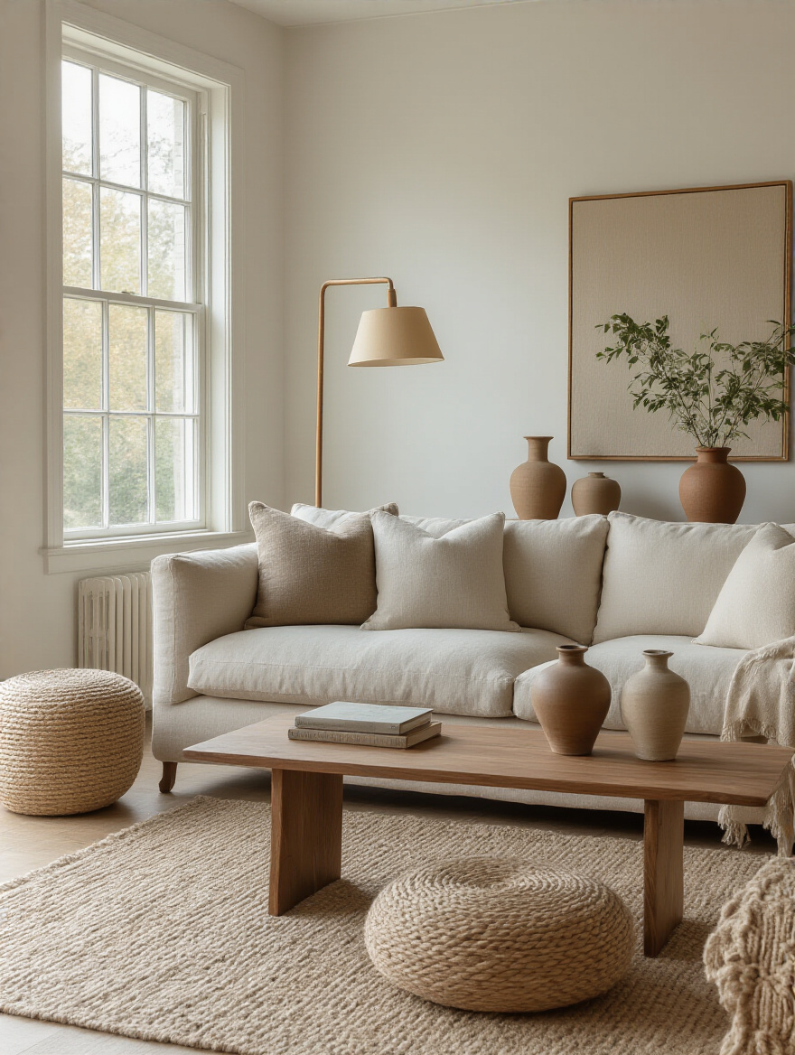 Portrait of a living room reflecting a defined core aesthetic with cohesive textures and a warm neutral palette.