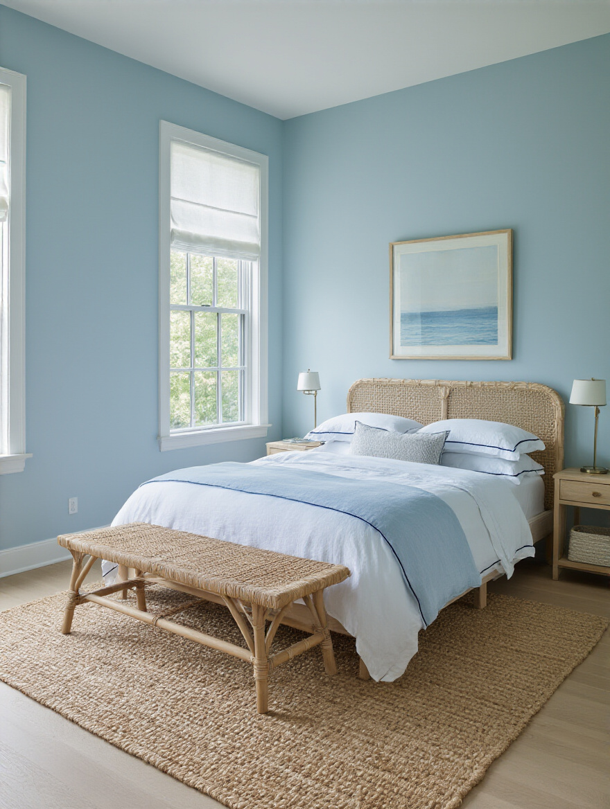 Portrait of a serene blue bedroom blending coastal, modern, and classic elements