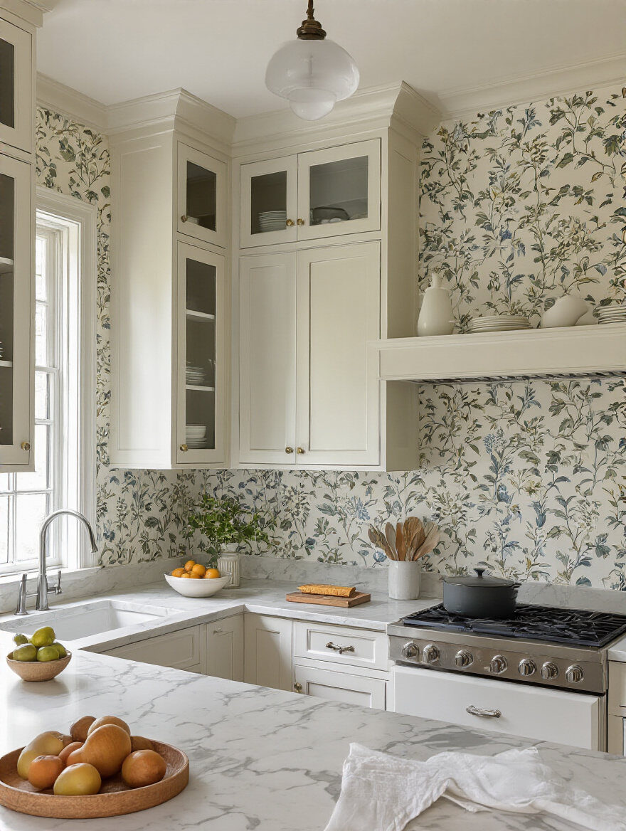 Portrait of a kitchen wall with wallpaper reflecting a defined style identity