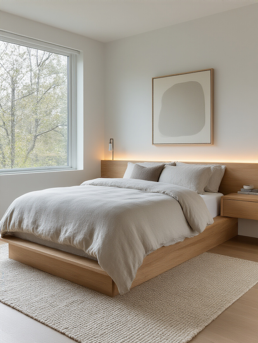 Minimalist modern bedroom with clean lines, neutral tones, and warm textures.