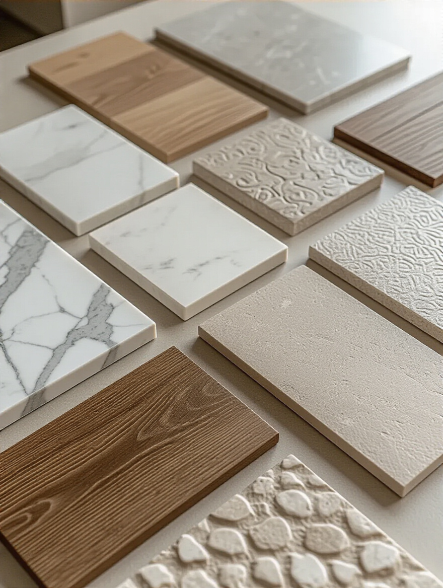 Arrangement of various high-quality bathroom flooring material samples like marble, porcelain, ceramic, and vinyl planks, representing thoughtful budget planning and material selection for a bathroom renovation.
