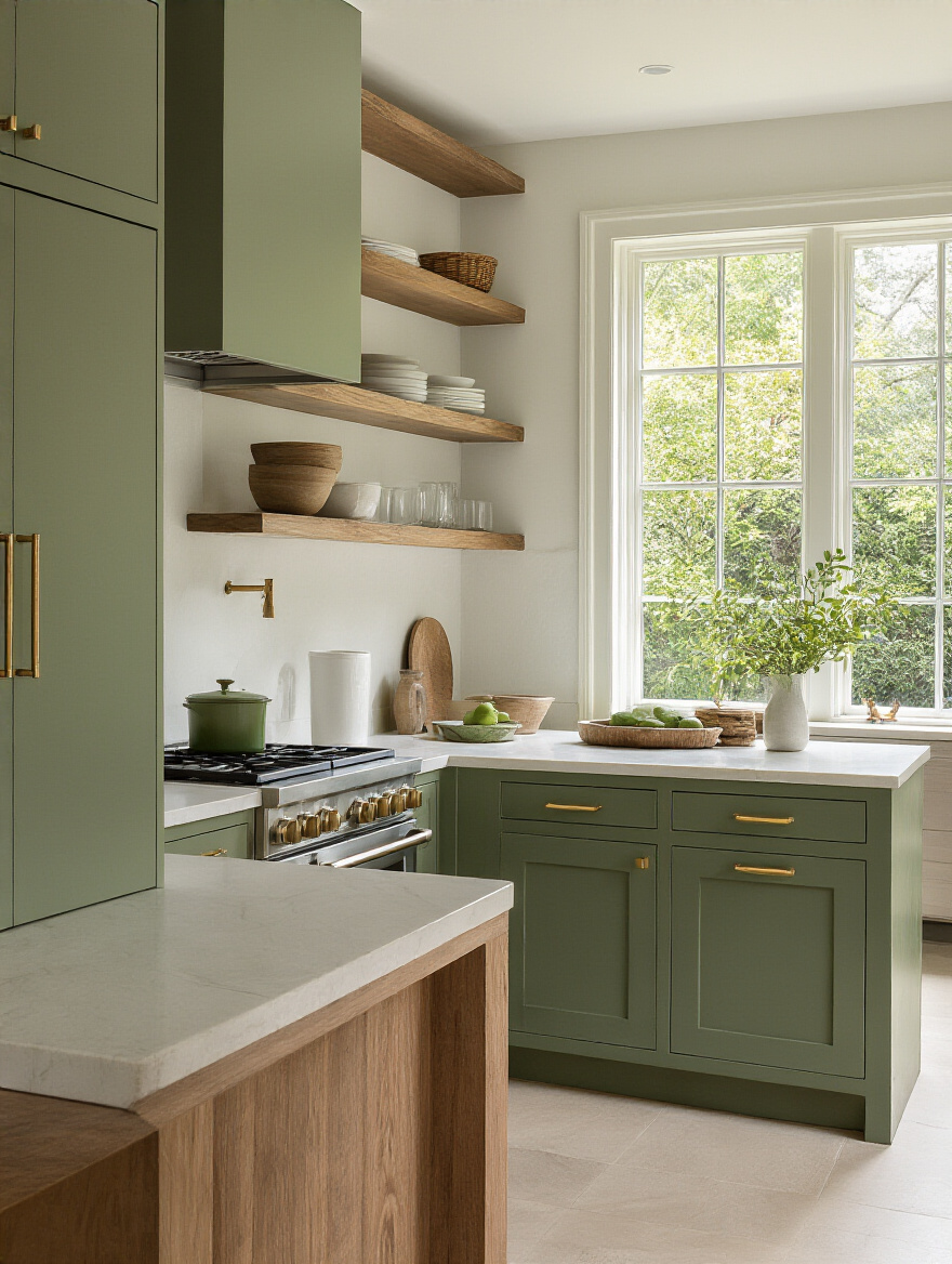 Portrait of kitchen cabinets transitioning from sage to forest green